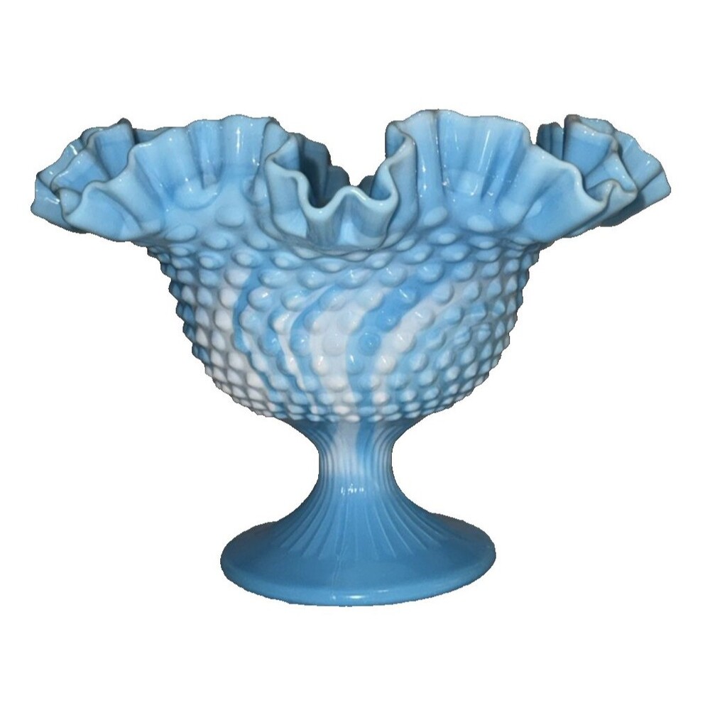 Vintage Fenton Blue Milk Marble Glass Hobnail Pedestal Bowl Ruffled Edge White